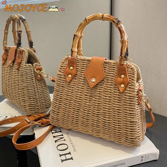 Summer Hand-Woven Handbags Bamboo Handle Woven Beach Crossbody Bag Handmade Simple Portable Adjustable Strap for Seaside Holiday