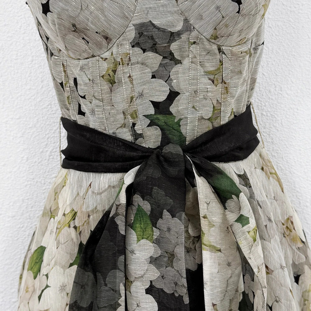 Women's dress Positioning print pattern Sleeveless Dress with Detachable fabric belt Dresses femme