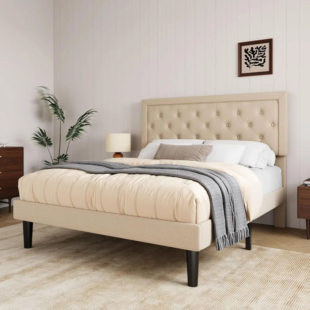 Allewie Queen Size Button Tufted/Fabric Upholstered Bed Frame with Adjustable Headboard/Wood Slat Support/Mattress Foundation/Be