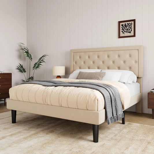 Allewie Queen Size Button Tufted/Fabric Upholstered Bed Frame with Adjustable Headboard/Wood Slat Support/Mattress Foundation/Be