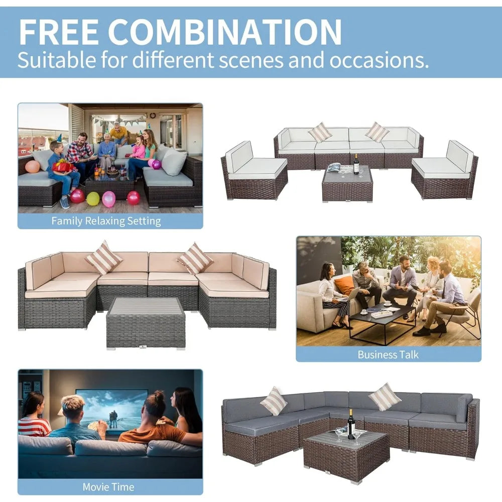 7 Piece Outdoor Patio Furniture Set with Cushions, PE Rattan Wicker Modular Patio Sofa Set with Coffee Table, and Two Pillows