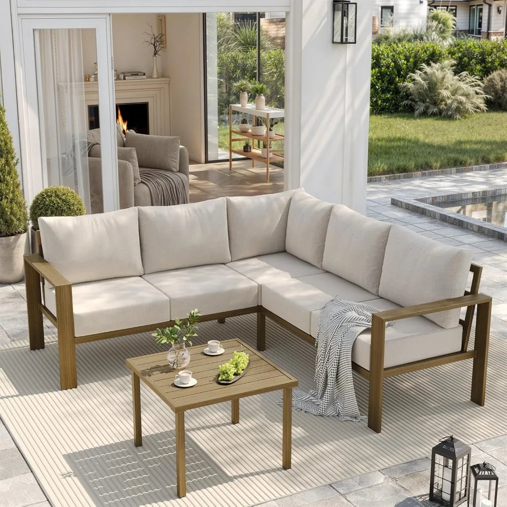 6 Piece Patio Furniture Set, Faux Wood Metal Outdoor Sectional Sofa with 6" Thick Olefin Cushions, Wide Armrest & Coffee