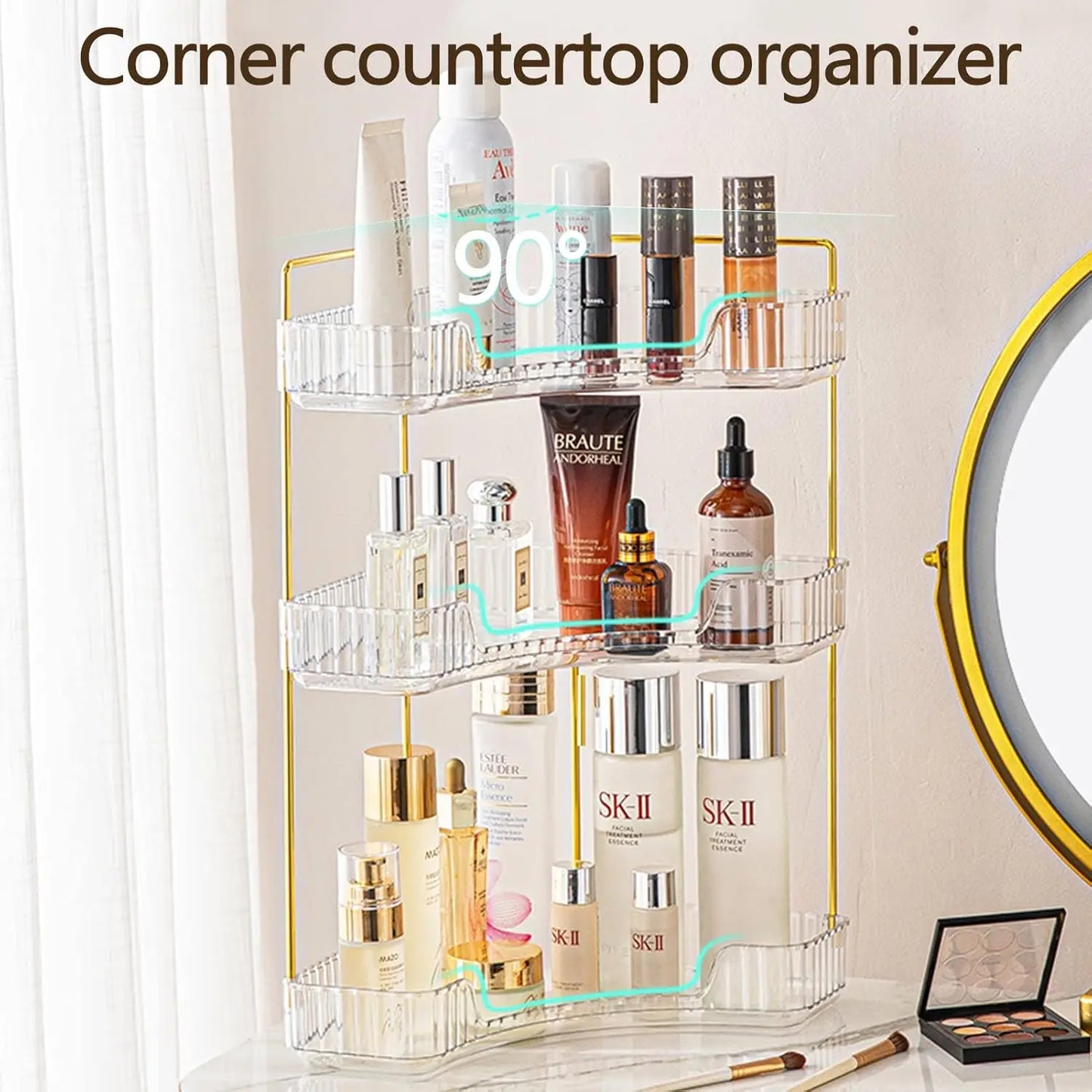 3-Tier Corner Bathroom Counter Organizer – Classic Storage Shelf for Makeup, Perfume & Toiletries, Space-Saving Countertop Tray