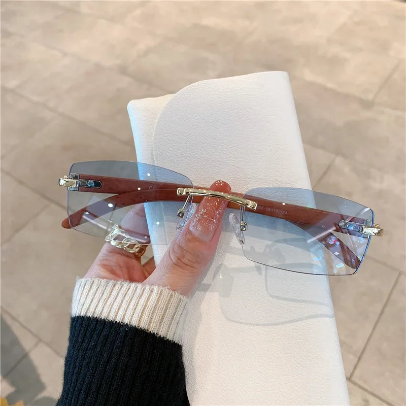 Fashion Sunglasses Men's And Women's Frameless Imitation Wood Grain Mirror Leg Sunglasses