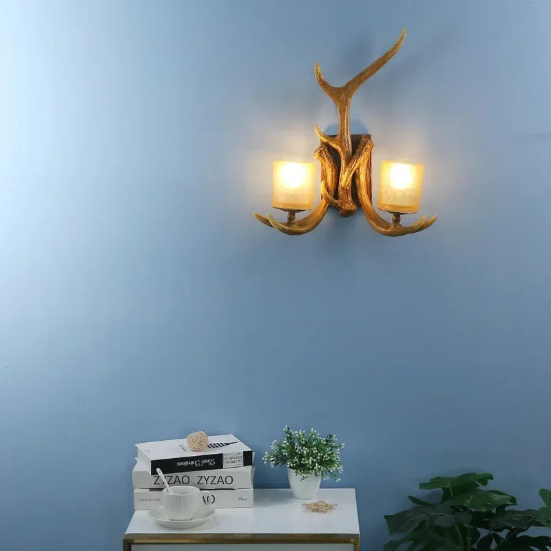 Retro Deer Horn Wall Lamp Living Room Bar Creative Deer Decoration Wall Lamp Hallway Bedroom Dining Room Dining Lighting
