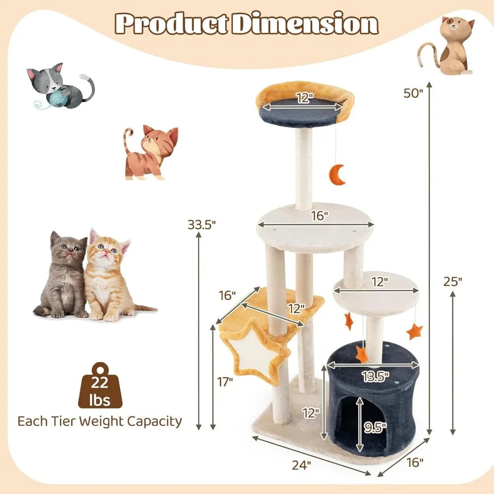 50-inch multi-level cat tower with condo, sisal scratching posts, board, plush top perch, and platform