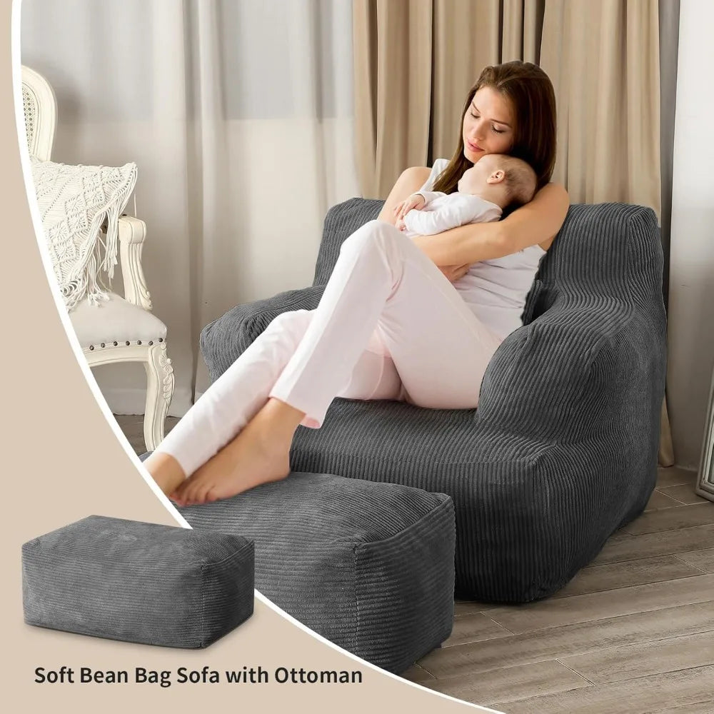 Bean Bag Sofa Chair with Ottoman, Comfy Floor Couch, Oversized Reading Chair for Bedroom, Dorm Room, Living Room, Darkgrey