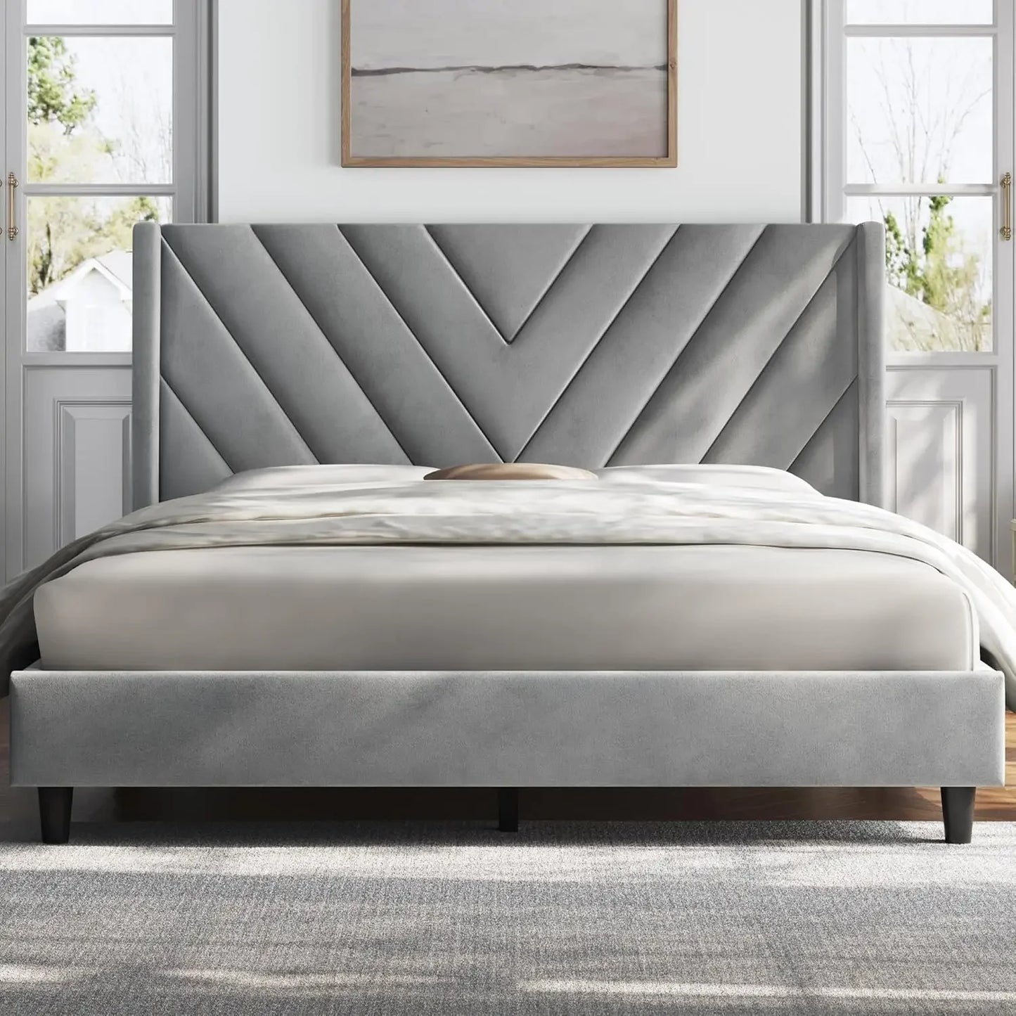 Bed with Wing Side/Wooden Slat Support/Tufted Headboard with Wing Side/Mattress Foundation,Light Gray Queen Bed