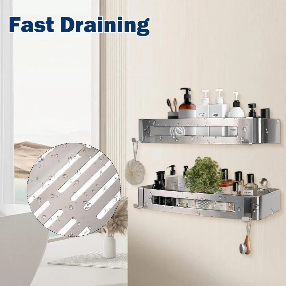 bathroom shower caddy 2 pack, no drill 304 stainless steel shower organizer with 2 hooks (shower shelf, brushed nickel)