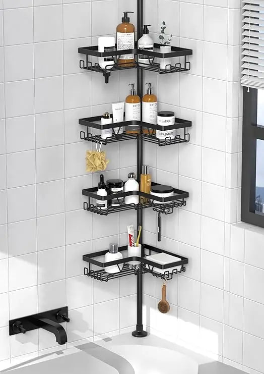 Corner Shower Caddy Tension Pole - Shower Tension Rod Organizer, Floor to Ceiling Shower Caddy 25-114.2 inch, Towel Rack Corner