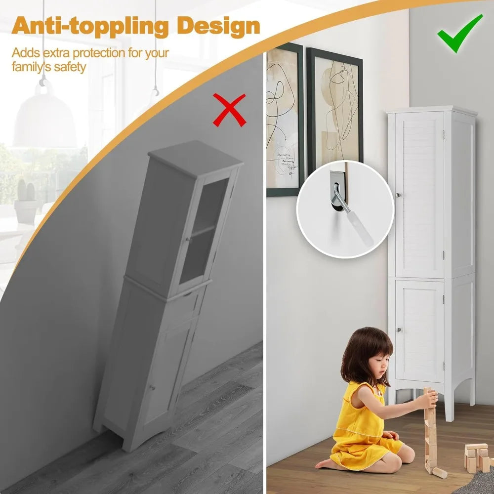 5-Tier Freestanding Bathroom Linen Tower with Wooden Sides and 2 Doors Storage Cabinet