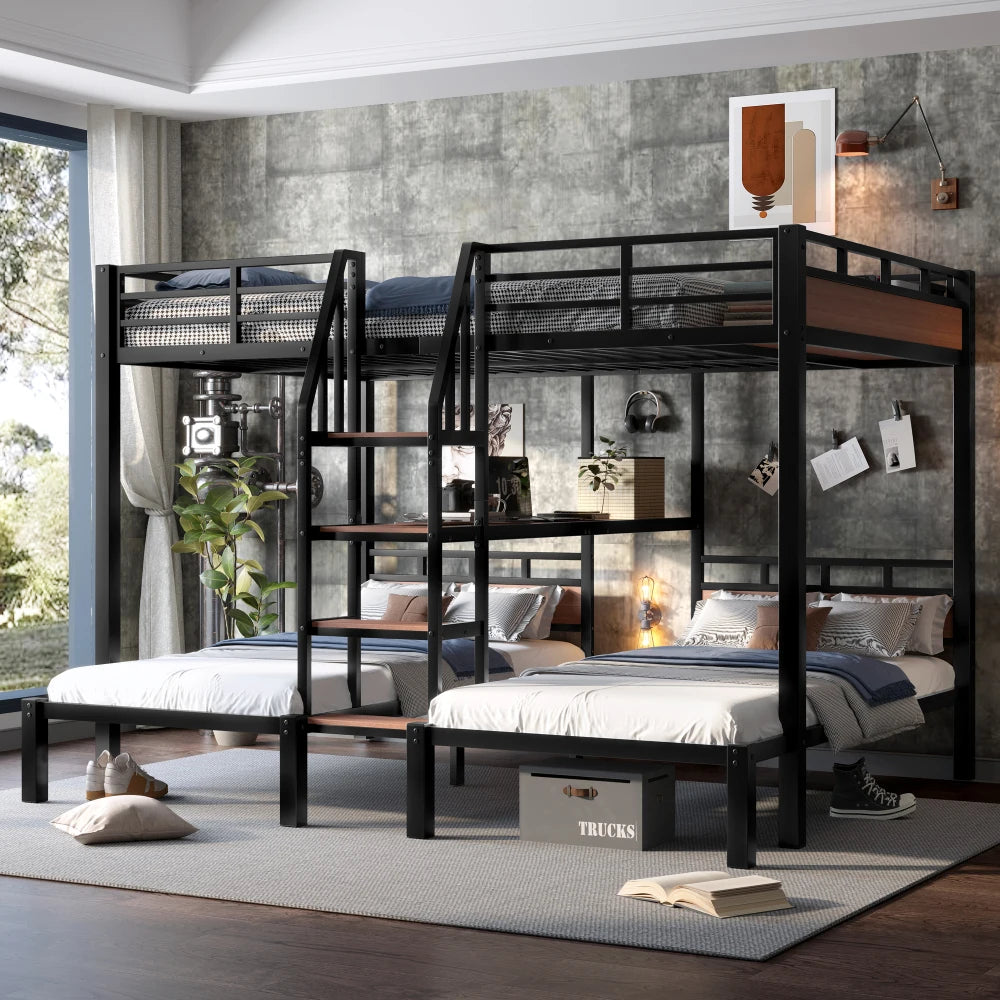 Queen Over Twin Over Twin Metal Bunk Bed ,triple Metal Bunk Bed with Storage Shelves and Storage Stairs,black