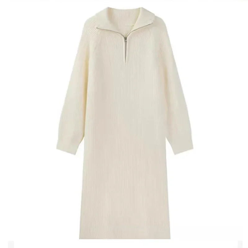 Spring Autumn 2025 Knitted Midi Dress Long Sleeve Inner Wear Base Skirt Elegant Goddess Style Coat Matching Casual Dress