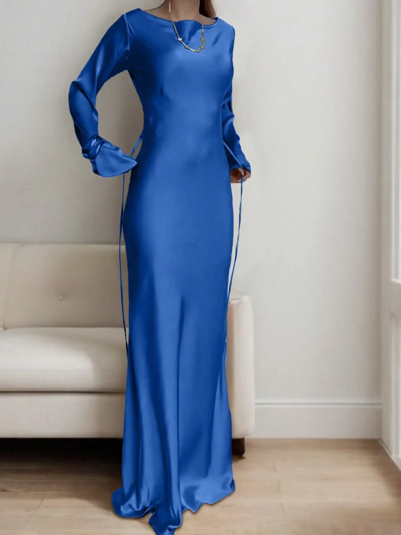 Women's Bespoke Satin Maxi Dress with Corset Waist Tie Classic Round Neck & Dramatic Flared Sleeves Luxury Evening Dress