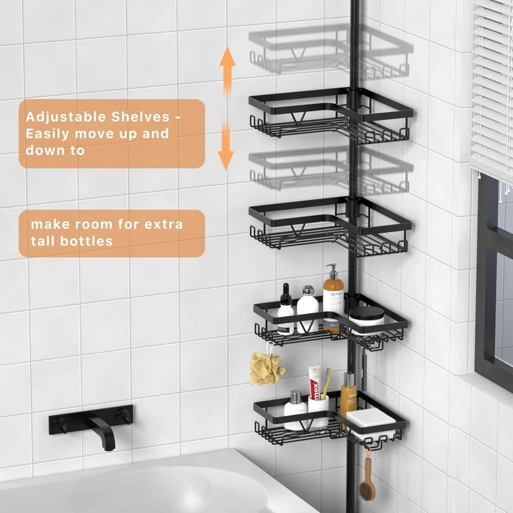 Corner Shower Caddy Tension Pole - Shower Tension Rod Organizer, Floor to Ceiling Shower Caddy 25-114.2 inch, Towel Rack Corner