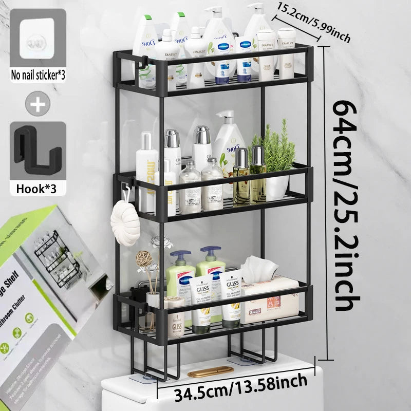 Three-tier toilet storage rack, bathroom storage rack, multi-functional toilet rack, no drilling required, space-saving (black)