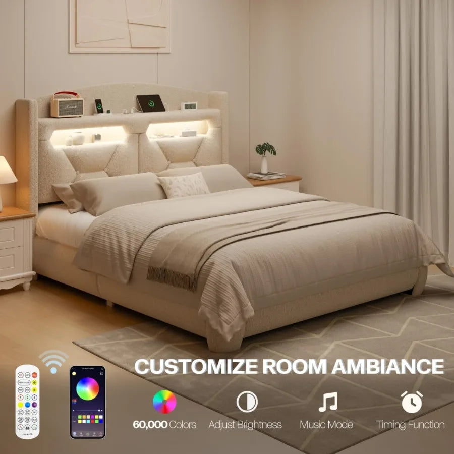 Queen Size Bed Frame with Headboard Boucle Upholstered Platform Bed Frames with Storage Charging Station LED Lights Soft Thicke