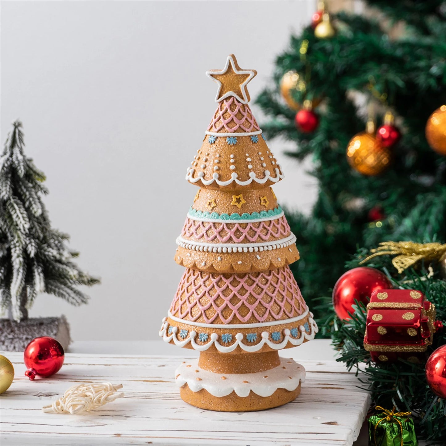 Resin Christmas Tree Figurine with Gingerbread House Design for Festive Home Decor - Small Desktop Holiday Decoration