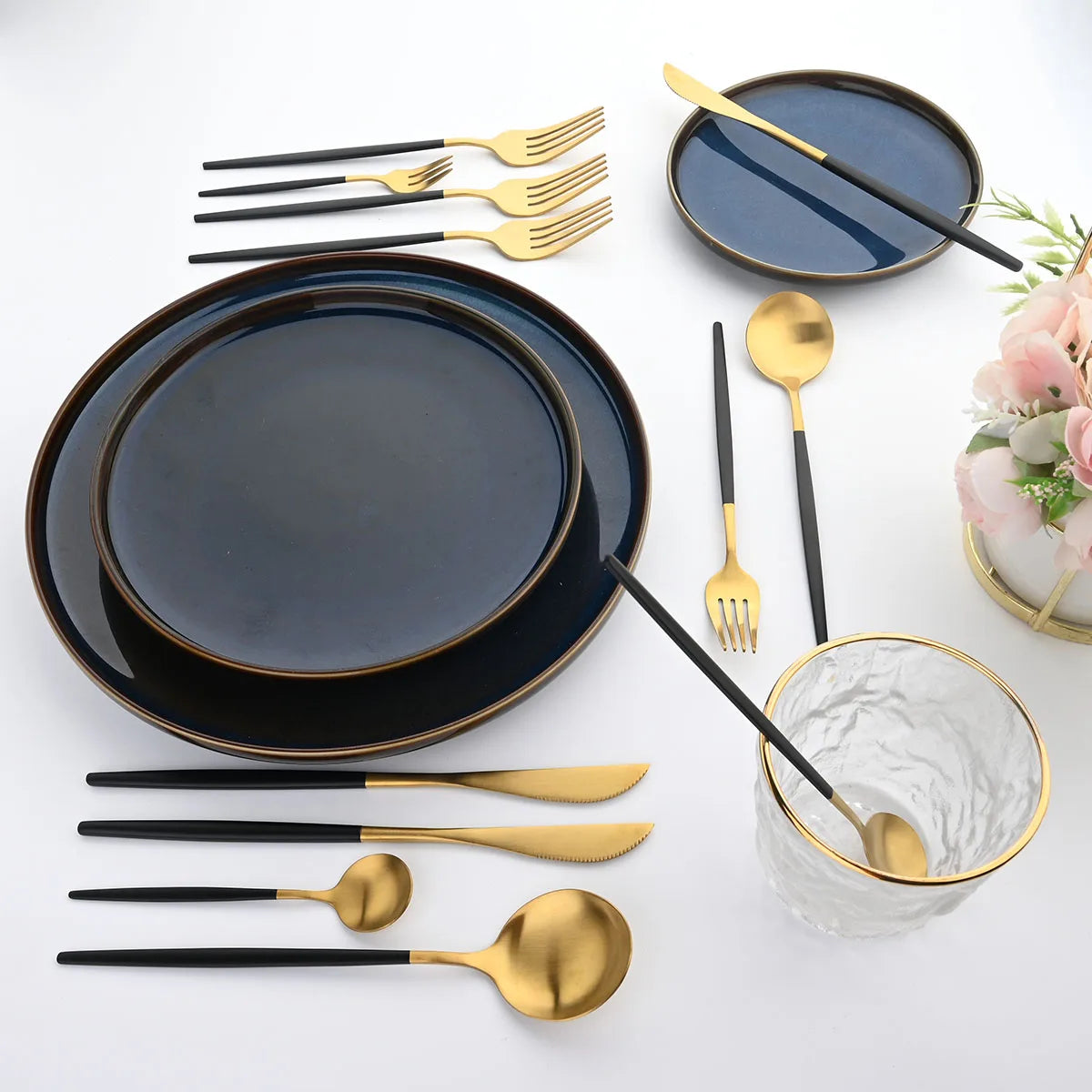 JANKNG 24Pcs Gold Dinnerware Set Stainless Steel Cutlery Set  Flatware Set Matte Black Knife Fork Spoon Silverware Tableware Set