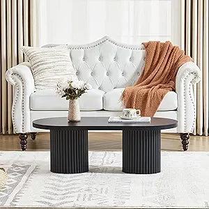 Fluted Oval Coffee Table for Living Room, Boho Modern Coffee Table with Fluted Legs, Curved Round Wood Center Table for Home, S