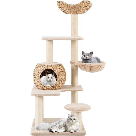 PETSITE 59 inch Cattail Tree Tower, Multi-Level Cat Tower with Natural Sisal Scratching Posts, Cat Condo