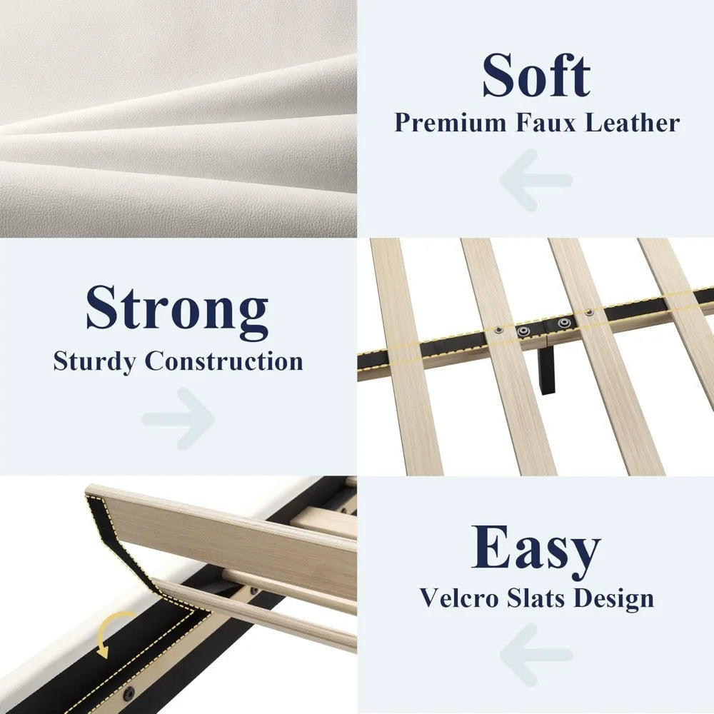 Queen Size Faux Leather Bed Frame with Adjustable Headboard, Wood Slat Support Platform Bed, Heavy Duty Mattress Foundation