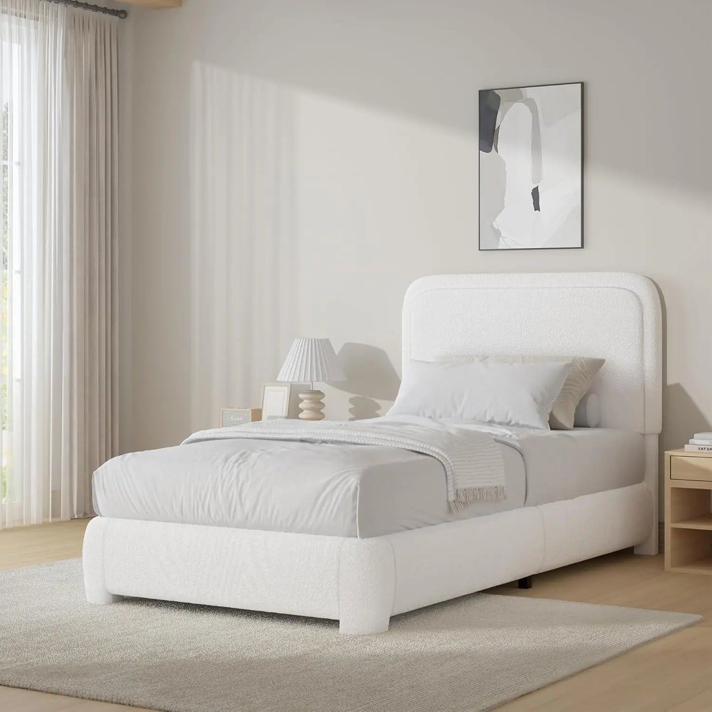 Twin Size Bed Frame, Boucle Upholstered Platform Bed with Headboard, Modern Style, Soft Rounded Corners, No Box Spring Required,