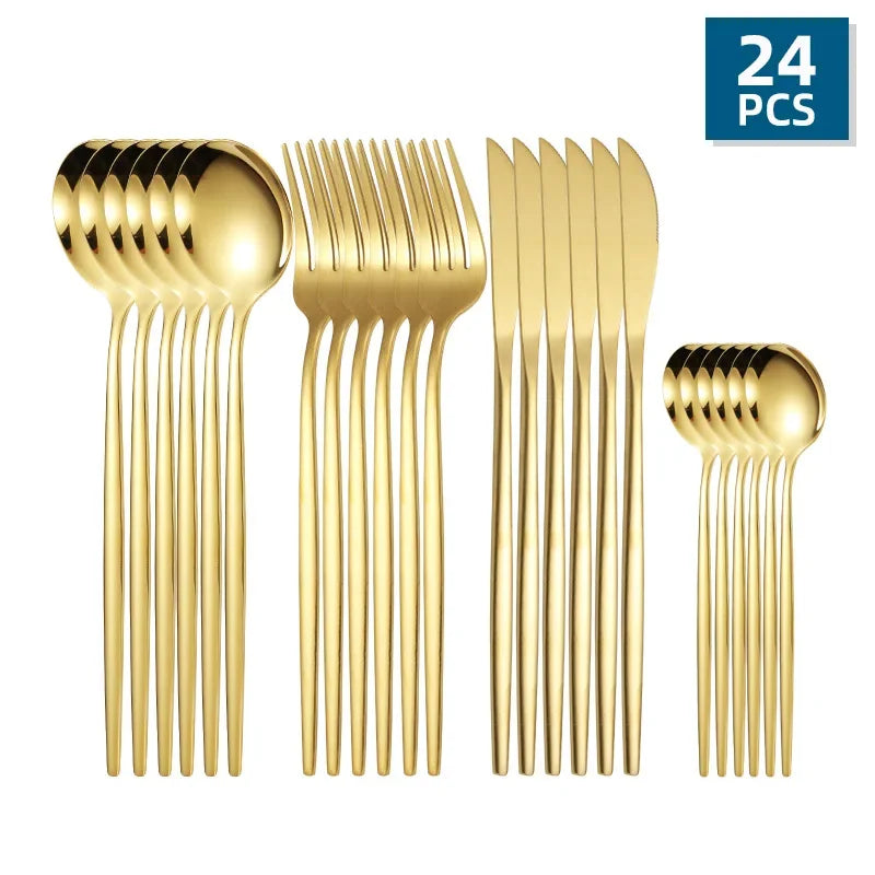 24Pcs Stainless Steel Golden Cutlery, Silverware Set Mirror Flatware Western Cutlery Set Dinning Kitchen Dinning Tableware