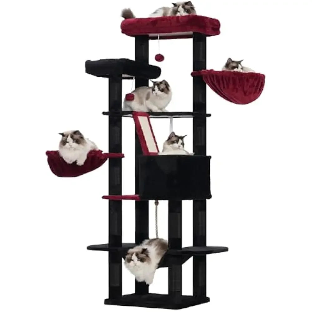 Cat Tree, 68 inch Multi-Level Cat Tower for Indoor Cats, 2 Widened Plush Perches Cat Condo with Scratching Board and Big Caves