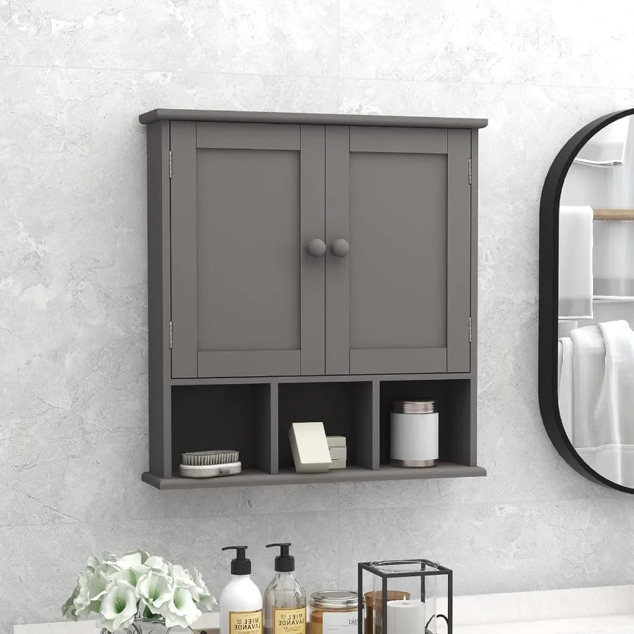 Wallmounted grey bathroom cabinet with two doors and adjustable shelves ideal for overthetoilet storage in bathrooms and laundr