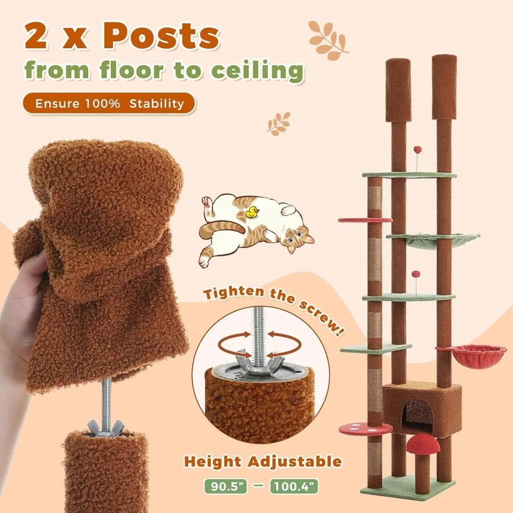 Adjustable Height Cat Tower: 90.5 to 100.4 Inches, Mushroom-Top Climbing Tree with Scratching Posts and Spacious Perch