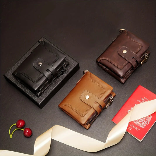 1pc Premium Top Layer Cowhide Leather Wallet - RFID Blocking, Bifold with Double Zipper Pockets & Anti-Theft Chain - Durable, St