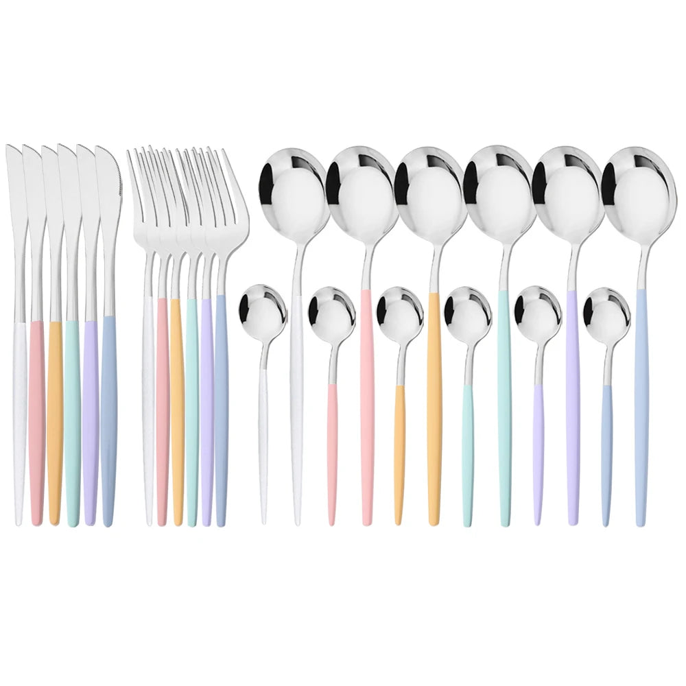24Pcs Dinnerware Set Stainless Steel Tableware Knife Fork Tea Spoon Cutlery Set Multiple Colour Silverware Kitchen Flatware Set