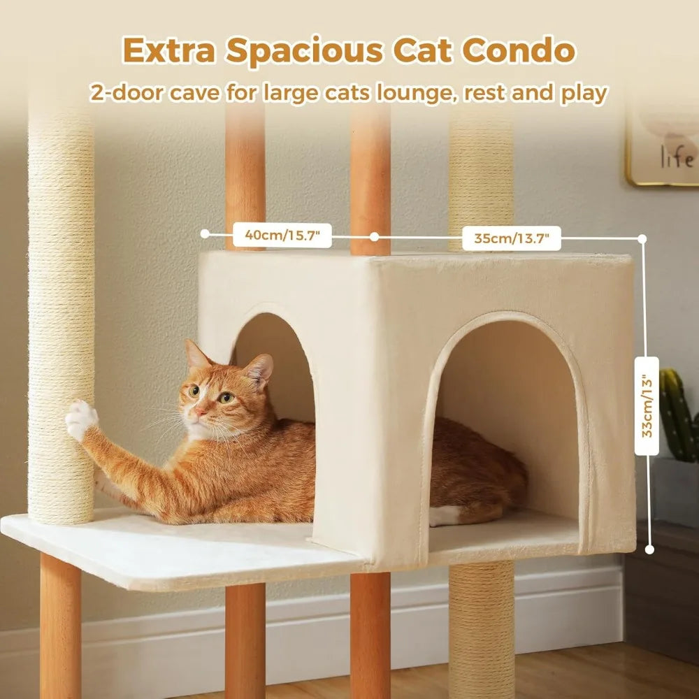 53-inch tall modern wooden cat tree for large indoor cats with multi-level condos and extended scratching posts