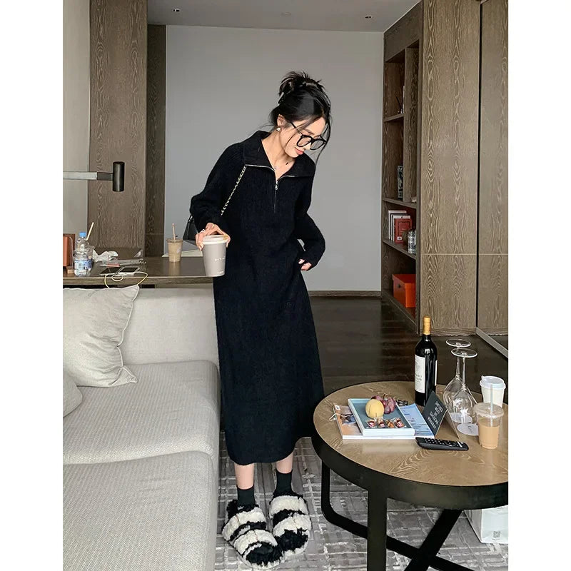 Spring Autumn 2025 Knitted Midi Dress Long Sleeve Inner Wear Base Skirt Elegant Goddess Style Coat Matching Casual Dress