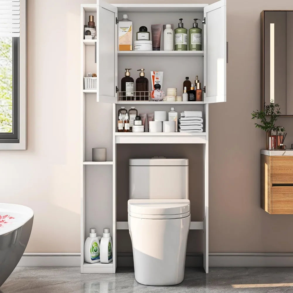 Bathroom Storage Cabinet with 7 Shelves, Over-the-Toilet Organizer with Toilet Paper Stand