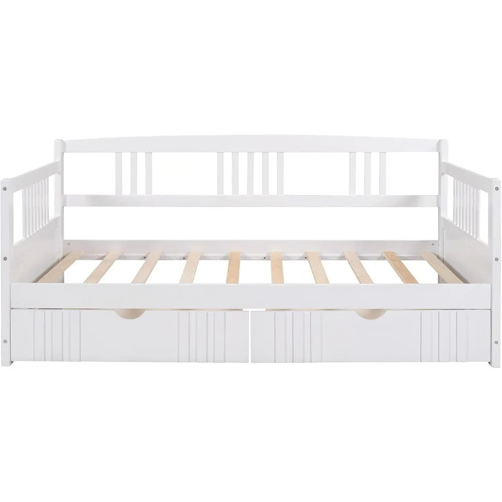 Daybed with Rails Twin Bed Wooden Slats Support Modern Living Daybed (Twin with Drawers, White)