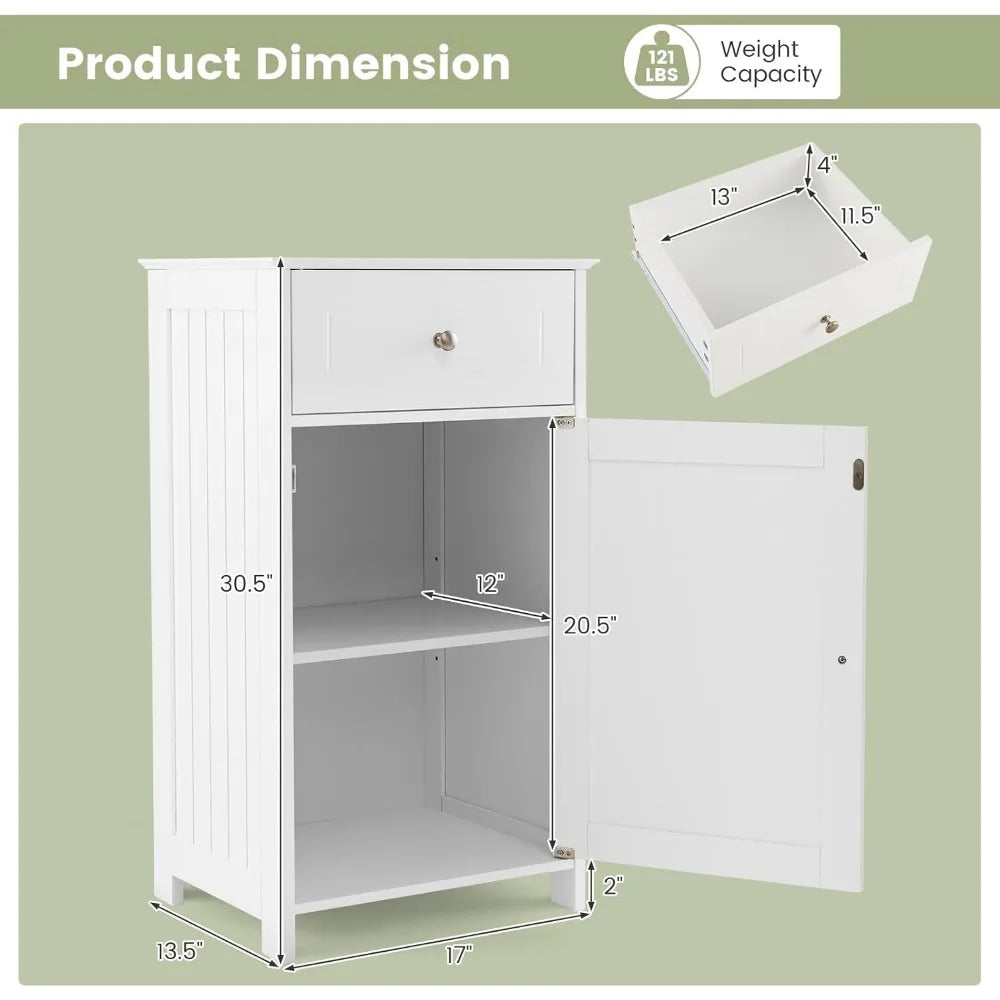 small bathroom cabinet for small spaces, freestanding single door bathroom storage with adjustable shelf, anti-tipping device,