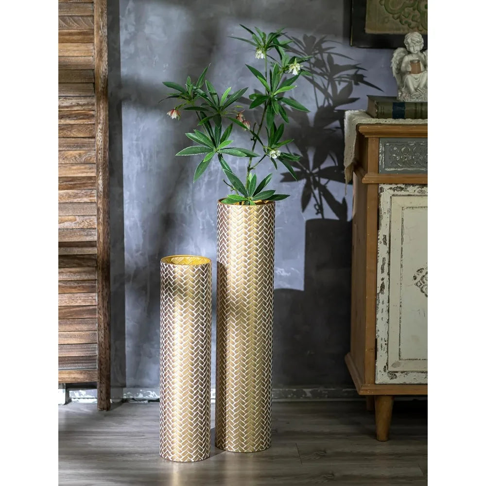 Extra Large Decorative Metal Cylinder Vases Set of 2 Tall Gold Woven Texture Floor Standing Vases - 27.6/21.7 inches Vin