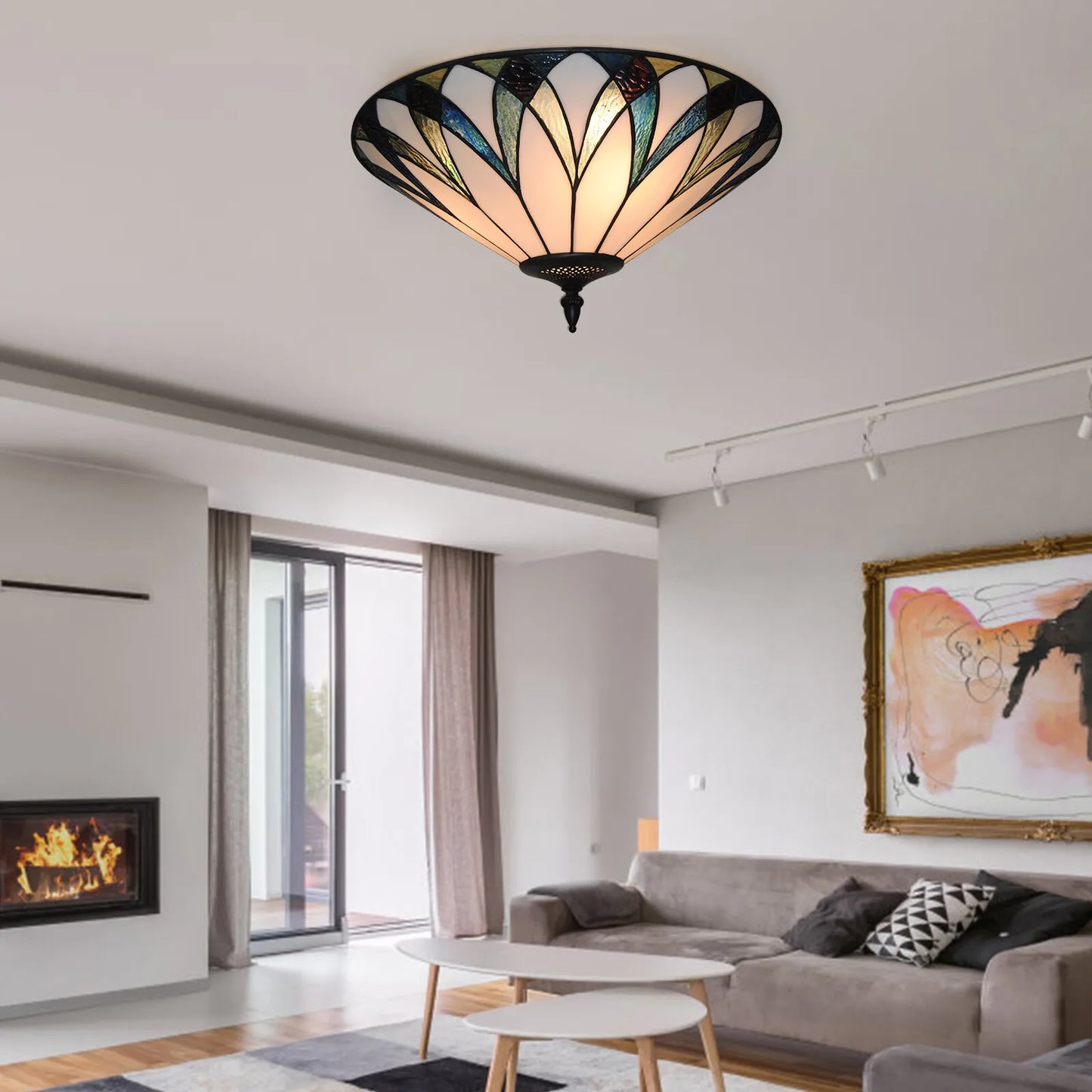 3-Lights Retro Style Ceiling Light E26 Retro Chandelier Stained Glass Lamp Fixture