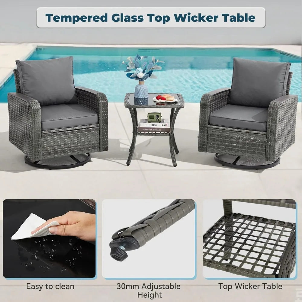 3 Piece Patio Set, Outdoor Swivel Chair, Wicker Patio Bistro Set with Side Table for Garden, Porch, Backyard