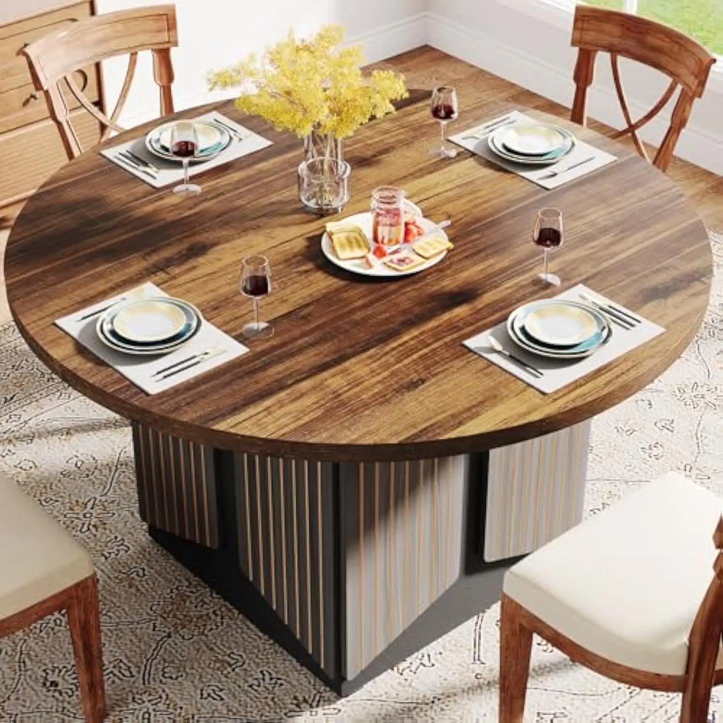 Round Dining Table for 4-6 People, 47 英寸 Wood Farmhouse Circle Kitchen Table, Round Dining Table for Dining Room, Kitchen, L