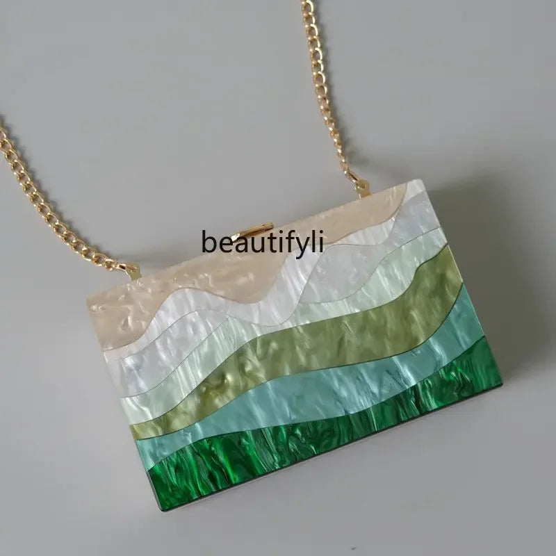 L11 zq Women's Acrylic Hand-Held Pearl Color Contrast Color Green Shoulder Messenger Bag Wedding Clutch