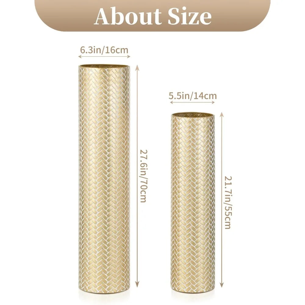 Extra Large Decorative Metal Cylinder Vases Set of 2 Tall Gold Woven Texture Floor Standing Vases - 27.6/21.7 inches Vin