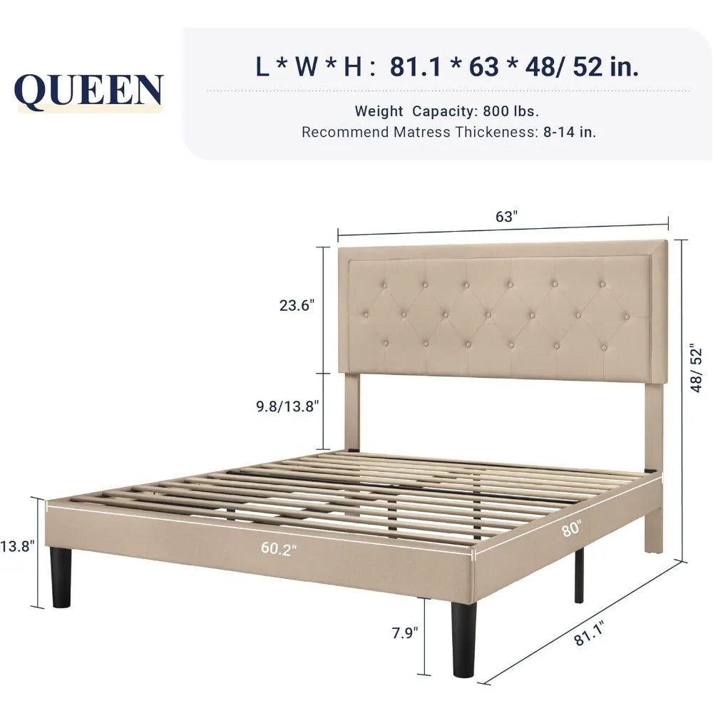 Allewie Queen Size Button Tufted/Fabric Upholstered Bed Frame with Adjustable Headboard/Wood Slat Support/Mattress Foundation/Be