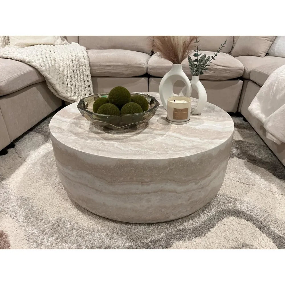 31.49" Round Coffee Table, Modern Marble Faux Pattern - Minimalist Accent Table for Living Room,Office