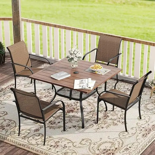 5 Pieces Patio Dining Set, Outdoor Furniture Set Includes 1 Square Outdoor Table and 4 Stackable Patio Sling Chairs, Black Tabl