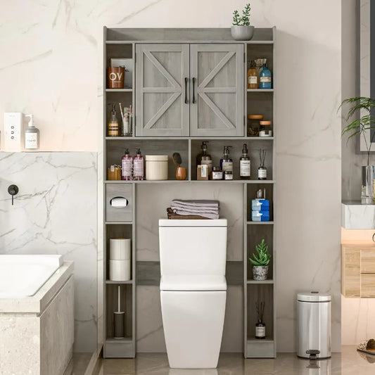 Farmhouse Storage Cabinet Over Toilet with Barn Doors，Over The Toilet Storage Cabinet, Home Space-Saving Toilet Rack