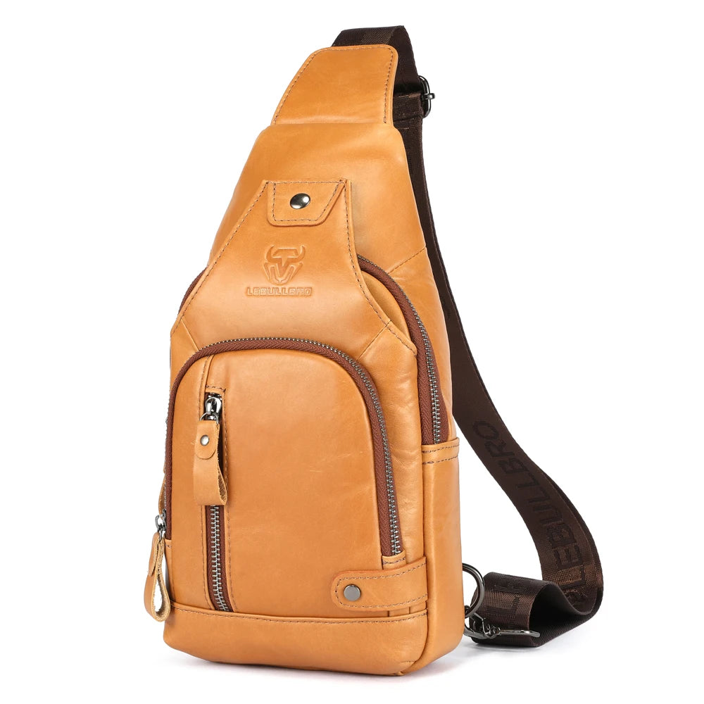 LEBULLBRO Sling Bag for Men Genuine Leather Chest Bag Crossbody Backpack Travel Hiking Outdoor Sports