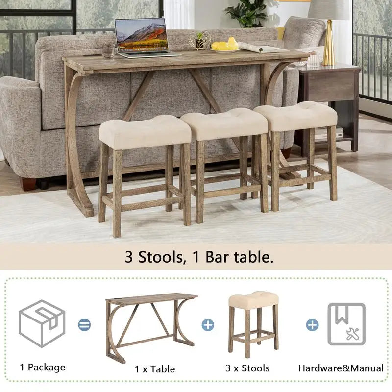 4-Piece Bar Table Set with Power Outlet, Dining Table & Chairs Set, 3 Padded Stools for Living Room, Dining Room, Game Room,